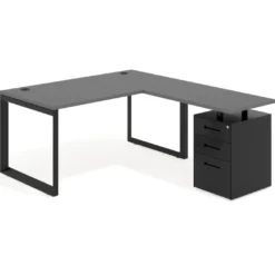 Mesa de escritorio en L con cajones Delta, estructura negra, ala pedestal metal