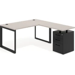 Mesa de escritorio en L con cajones Delta, estructura negra, ala pedestal metal