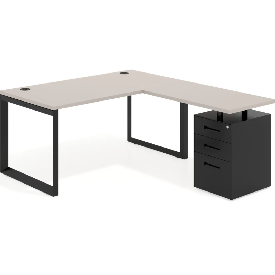 Mesa de escritorio en L con cajones Delta, estructura negra, ala pedestal metal