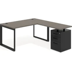 Mesa de escritorio en L con cajones Delta, estructura negra, ala pedestal metal