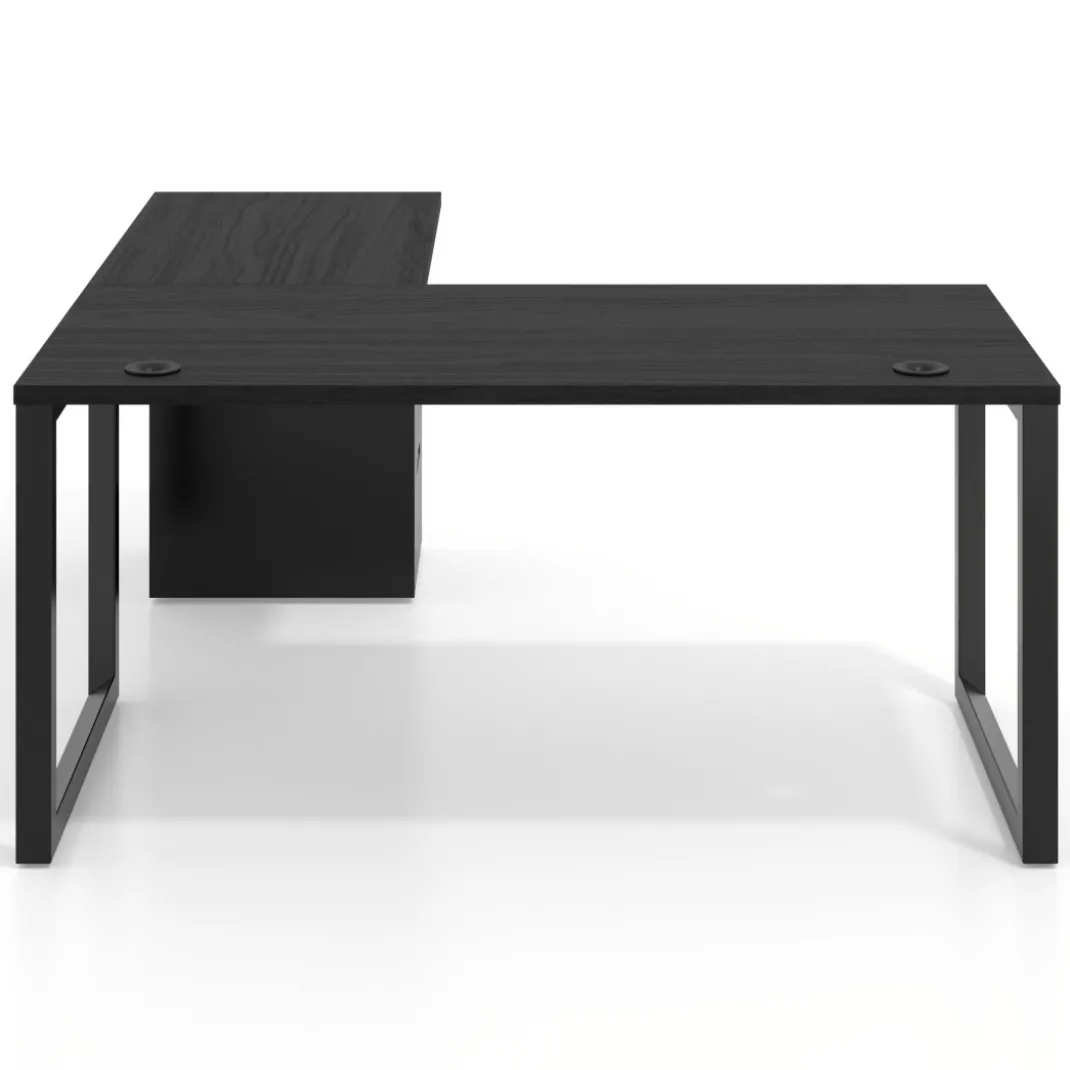 Mesa de escritorio en L con cajones Delta, estructura negra, ala pedestal metal