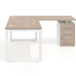 Mesa de escritorio en L con cajones Delta, estructura negra, ala pedestal metal