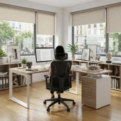 Mesa de escritorio en L con cajones Delta, estructura blanca, ala pedestal melamina