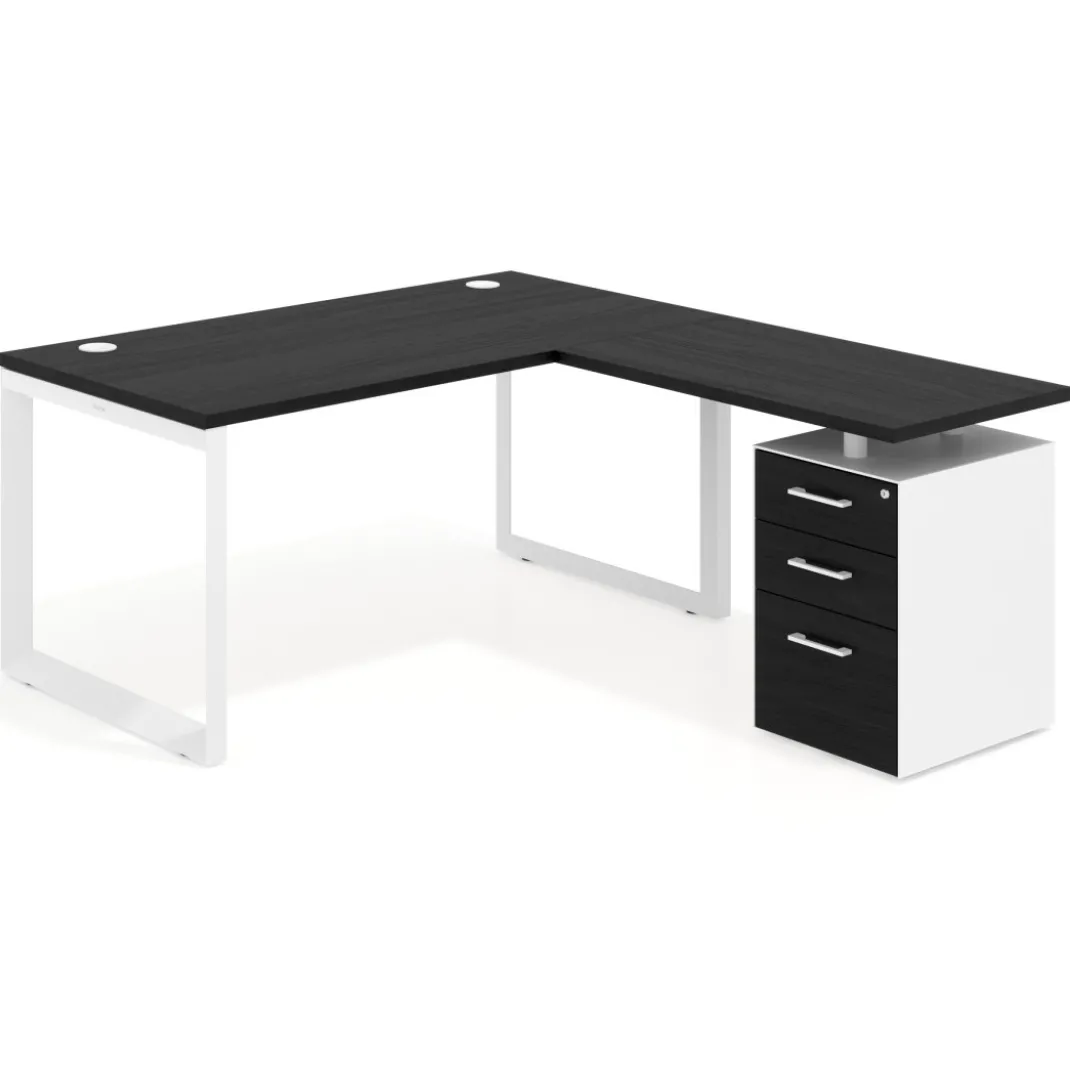 Mesa de escritorio en L con cajones Delta, estructura blanca, ala pedestal melamina
