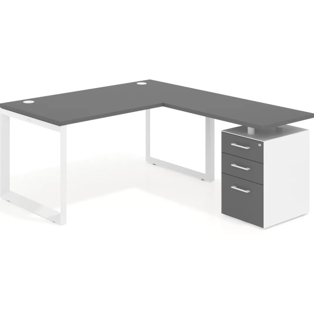 Mesa de escritorio en L con cajones Delta, estructura blanca, ala pedestal melamina