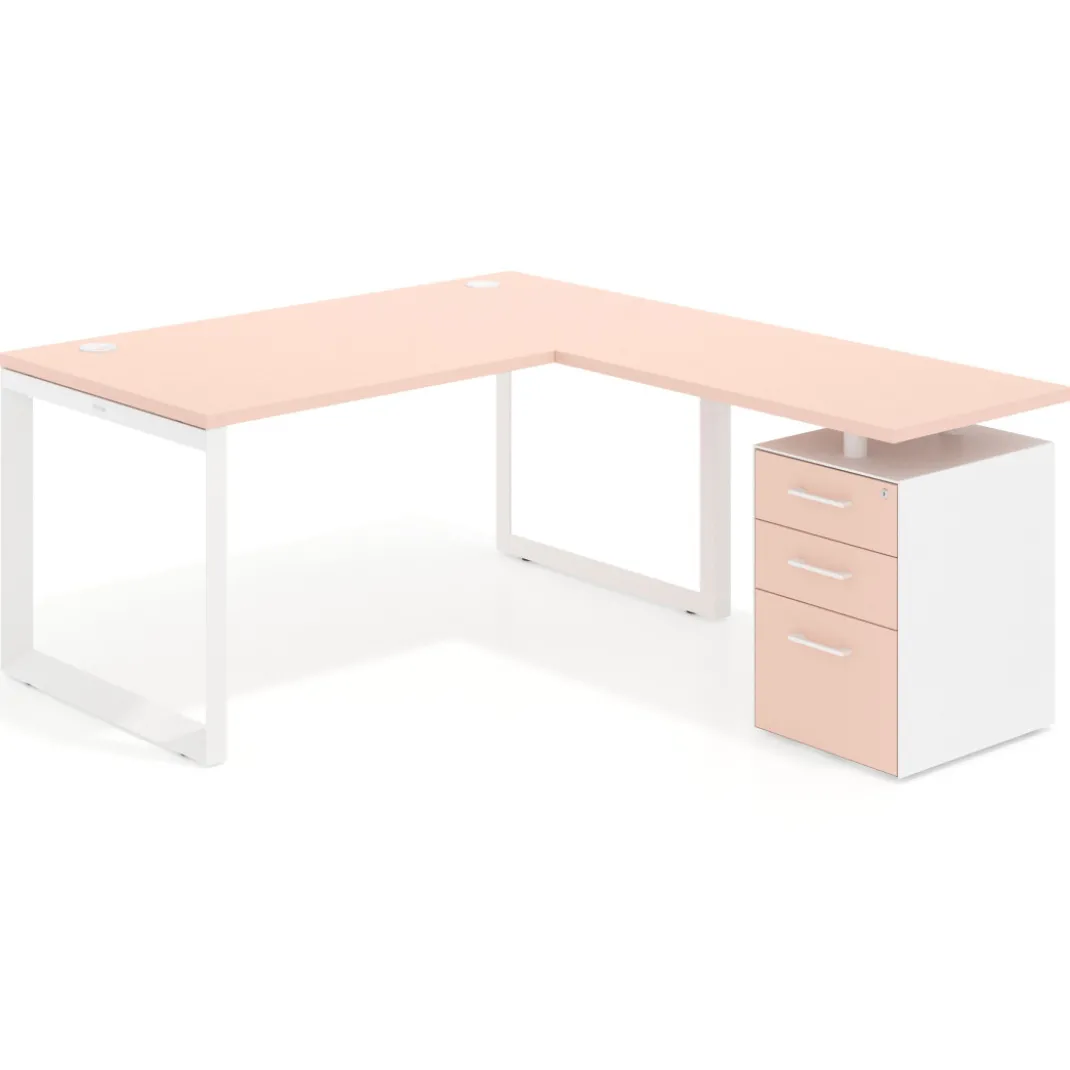 Mesa de escritorio en L con cajones Delta, estructura blanca, ala pedestal melamina