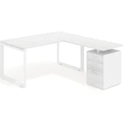Mesa de escritorio en L con cajones Delta, estructura blanca, ala pedestal melamina