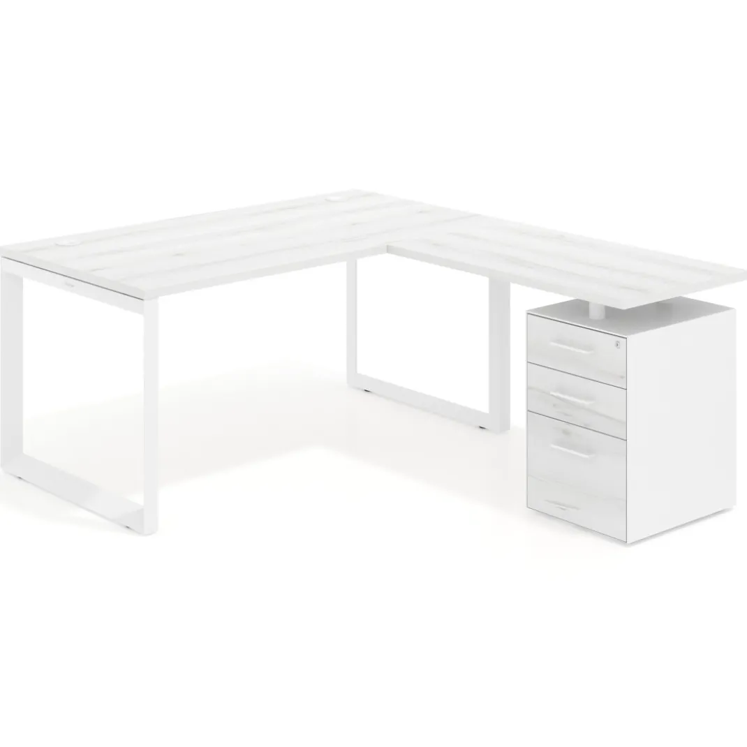 Mesa de escritorio en L con cajones Delta, estructura blanca, ala pedestal melamina