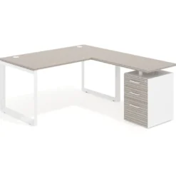 Mesa de escritorio en L con cajones Delta, estructura blanca, ala pedestal melamina
