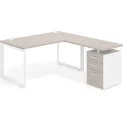 Mesa de escritorio en L con cajones Delta, estructura blanca, ala pedestal melamina