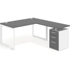 Mesa de escritorio en L con cajones Delta, estructura blanca, ala pedestal melamina