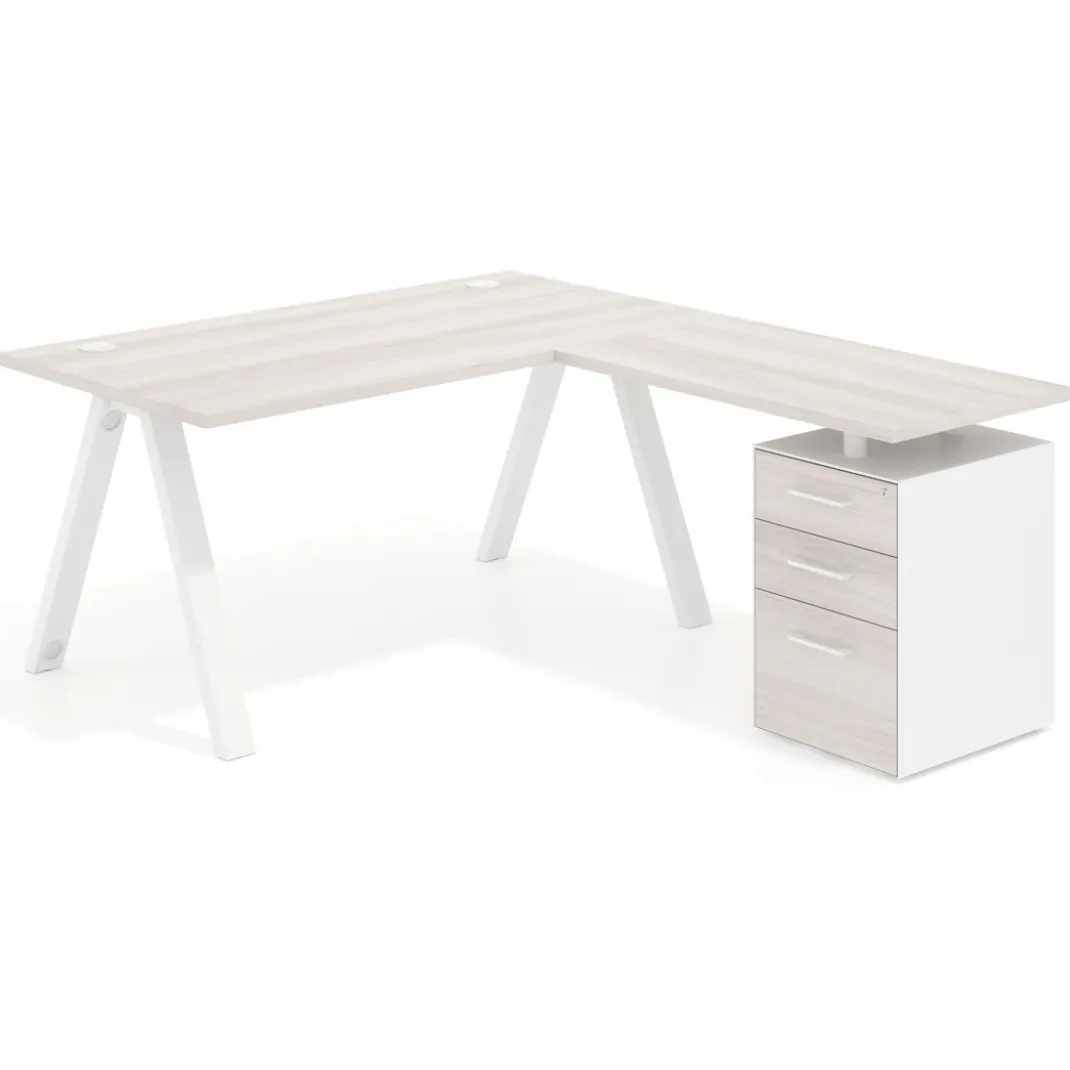 Mesa de escritorio en L con cajones UvePro, estructura blanca, ala pedestal melamina