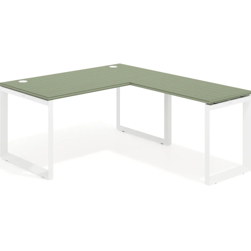 Mesa de escritorio en L Delta, fondo 80cm, estructura blanca
