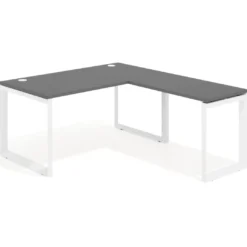 Mesa de escritorio en L Delta, fondo 80cm, estructura blanca