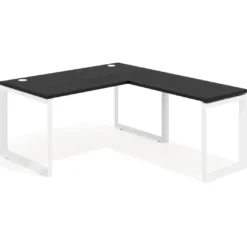 Mesa de escritorio en L Delta, fondo 80cm, estructura blanca