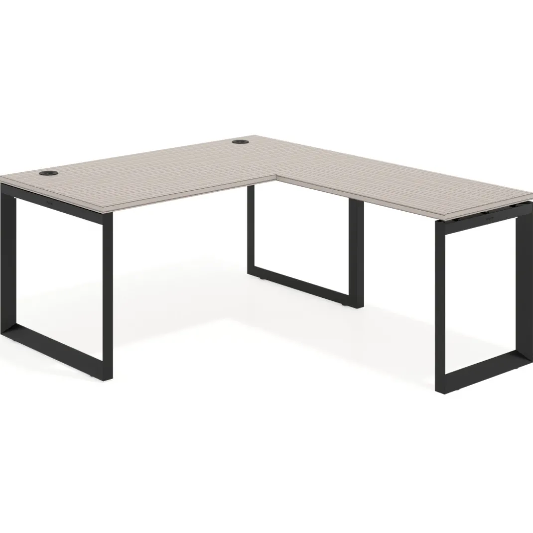 Mesa de escritorio en L Delta, fondo 80cm, estructura negra