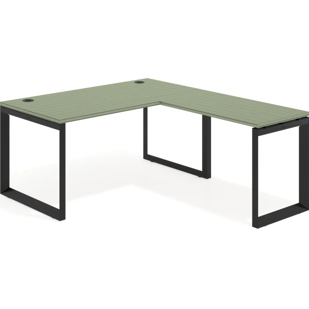 Mesa de escritorio en L Delta, fondo 80cm, estructura negra