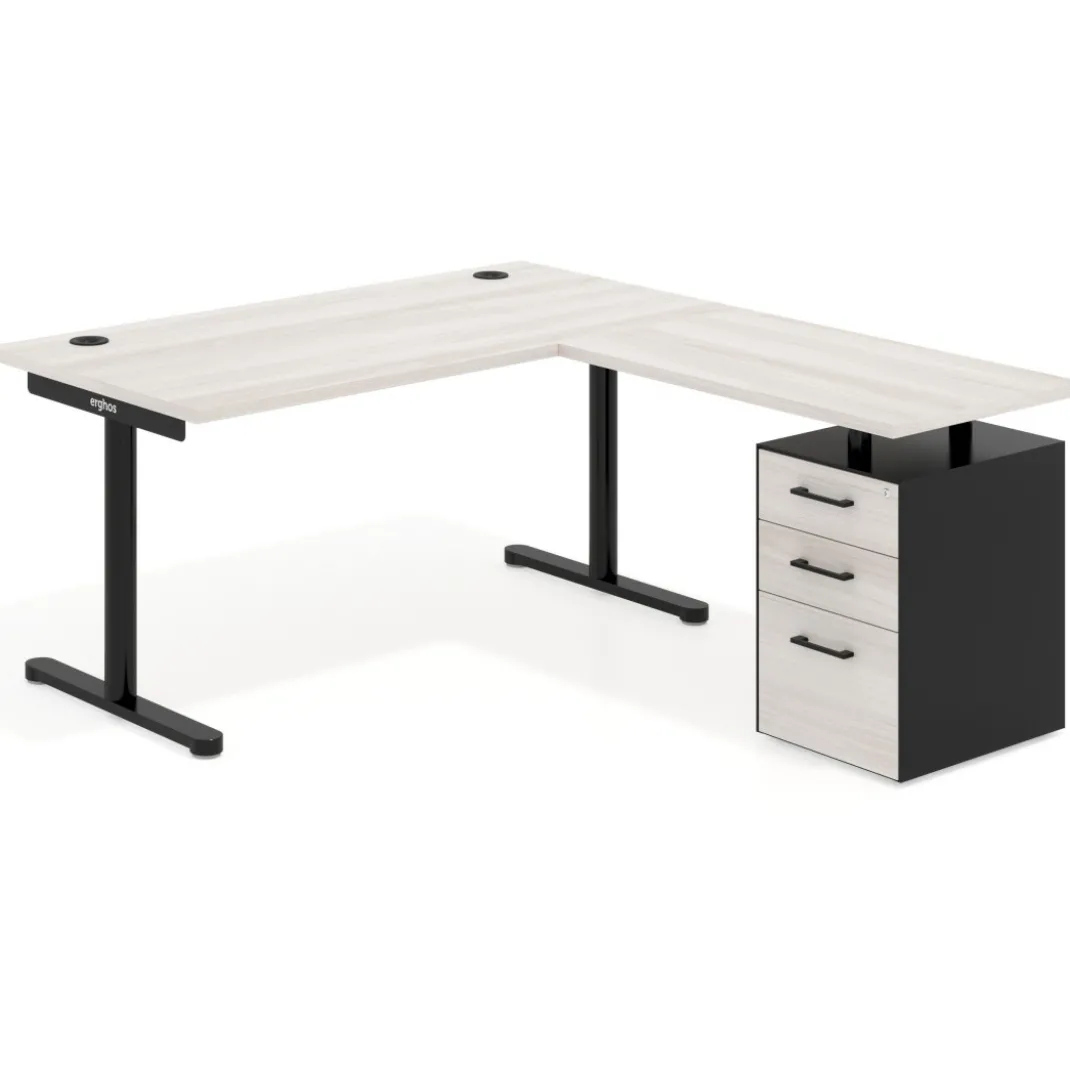 Mesa de Escritorio en L Tdesk, fondo 80cm, estructura negra, pedestal melamina