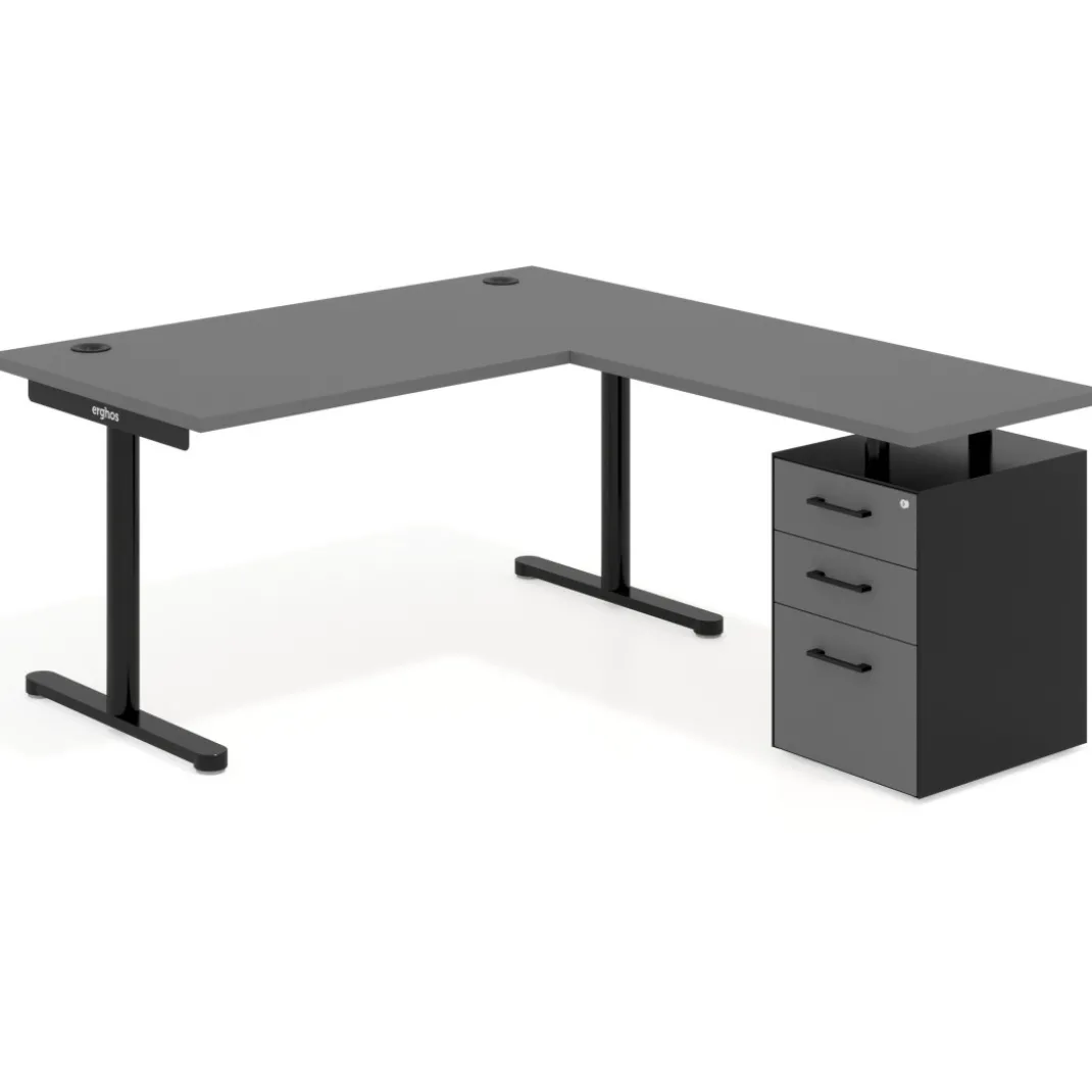 Mesa de Escritorio en L Tdesk, fondo 80cm, estructura negra, pedestal melamina