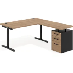 Mesa de Escritorio en L Tdesk, fondo 80cm, estructura negra, pedestal melamina