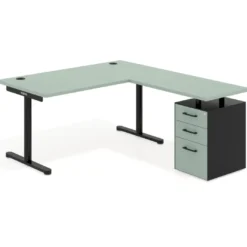 Mesa de Escritorio en L Tdesk, fondo 80cm, estructura negra, pedestal melamina