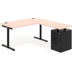 Mesa de Escritorio en L Tdesk, fondo 80cm, estructura negra, pedestal metal