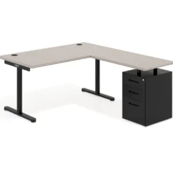 Mesa de Escritorio en L Tdesk, fondo 80cm, estructura negra, pedestal metal