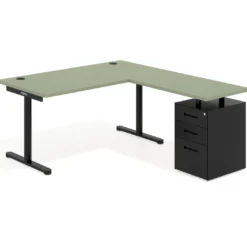 Mesa de Escritorio en L Tdesk, fondo 80cm, estructura negra, pedestal metal