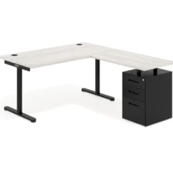 Mesa de Escritorio en L Tdesk, fondo 80cm, estructura negra, pedestal metal