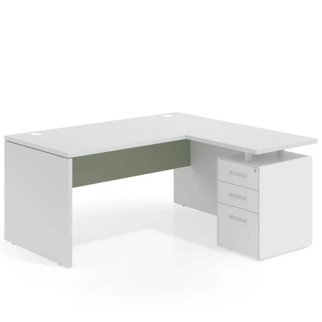 Mesa de Oficina con cajones Work Plus fondo 80, ala corta, frontales de metal estructura blanco mate