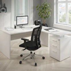 Mesa de Oficina con cajones Work Plus, ala corta, fondo 80, frontales melamina estructura blanco mate