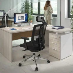 Mesa de Oficina con cajones Work Plus, ala corta, fondo 80, frontales melamina diseño rayado