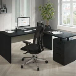 Mesa de Oficina con cajones Work Plus fondo 80, frontales melamina estructura bocamina