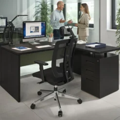 Mesa de Oficina con cajones Work Plus fondo 80, ala corta, frontales de metal estructura bocamina