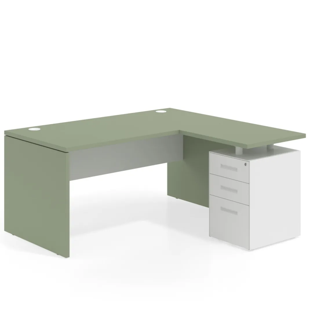 Mesa de Oficina con cajones Work Plus fondo 80, ala corta, frontales de metal diseño bicolor
