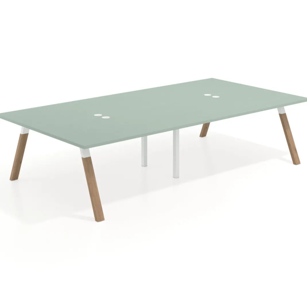 Mesa de oficina coworking doble UvePro fondo 166, cantos rectos, estructura blanca/madera