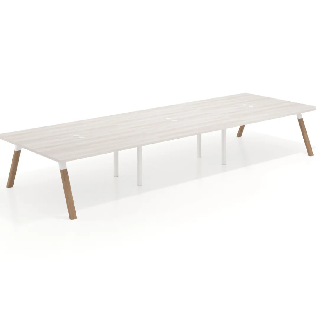 Mesa de oficina coworking triple UvePro fondo 166, cantos rectos, estructura blanca/madera