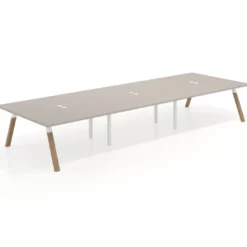 Mesa de oficina coworking triple UvePro fondo 166, cantos rectos, estructura blanca/madera