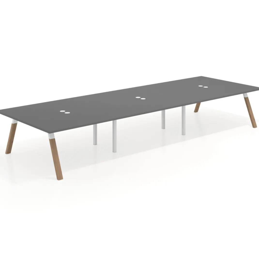 Mesa de oficina coworking triple UvePro fondo 166, cantos rectos, estructura blanca/madera
