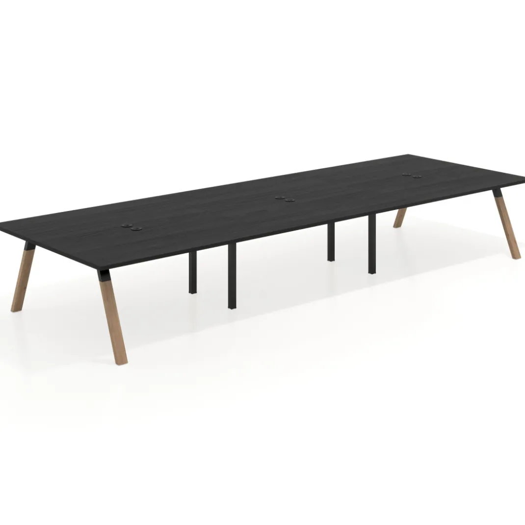 Mesa de oficina coworking triple UvePro fondo 166, cantos rectos, estructura negra/madera