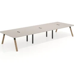 Mesa de oficina coworking triple UvePro fondo 166, cantos rectos, estructura negra/madera