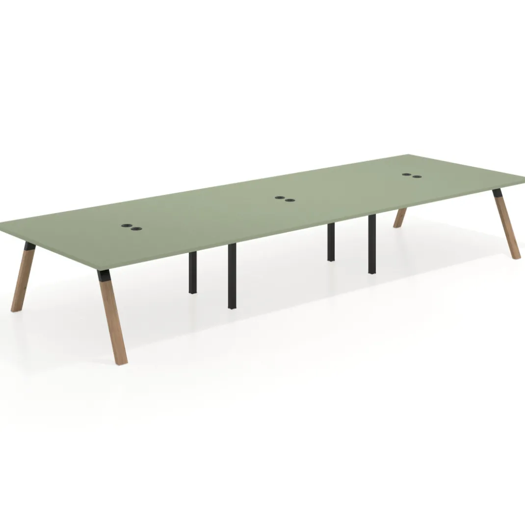 Mesa de oficina coworking triple UvePro fondo 166, cantos rectos, estructura negra/madera