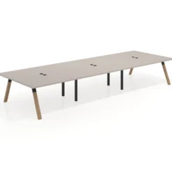 Mesa de oficina coworking triple UvePro fondo 166, cantos rectos, estructura negra/madera