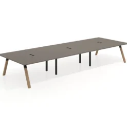 Mesa de oficina coworking triple UvePro fondo 166, cantos rectos, estructura negra/madera