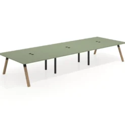 Mesa de oficina coworking triple UvePro fondo 166, cantos rectos, estructura negra/madera