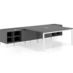 Mesa de oficina doble con pedestal estantes Kube, encimera única, estructura blanca
