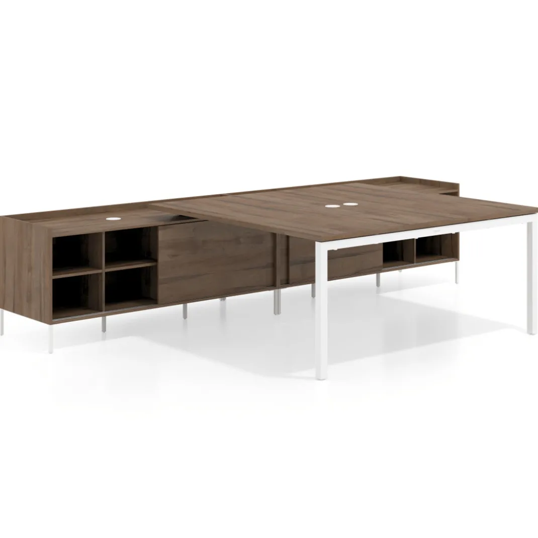 Mesa de oficina doble con pedestal estantes Kube, encimera única, estructura blanca