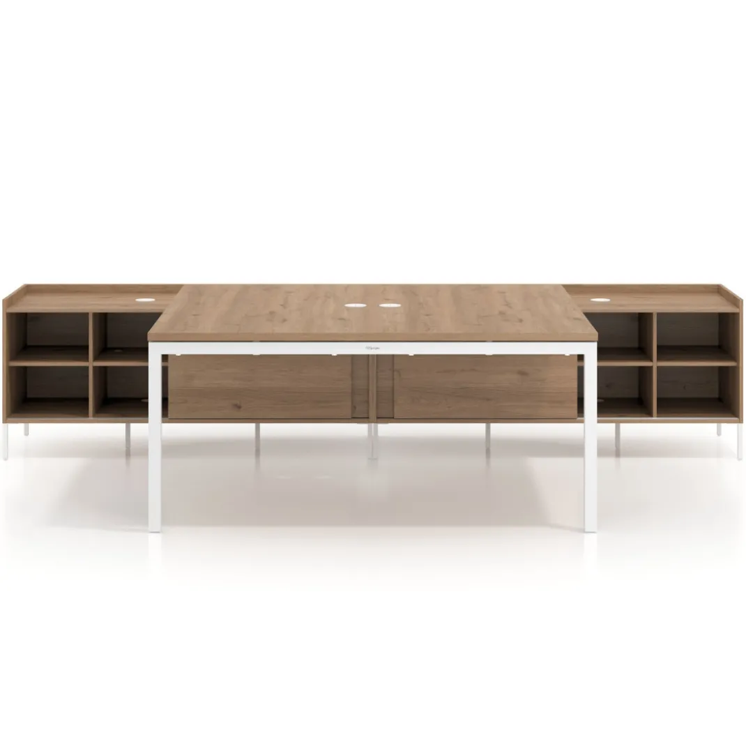 Mesa de oficina doble con pedestal estantes Kube, encimera única, estructura blanca