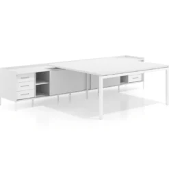 Mesa de oficina doble con pedestal cajonera Kube, encimera única, estructura blanca