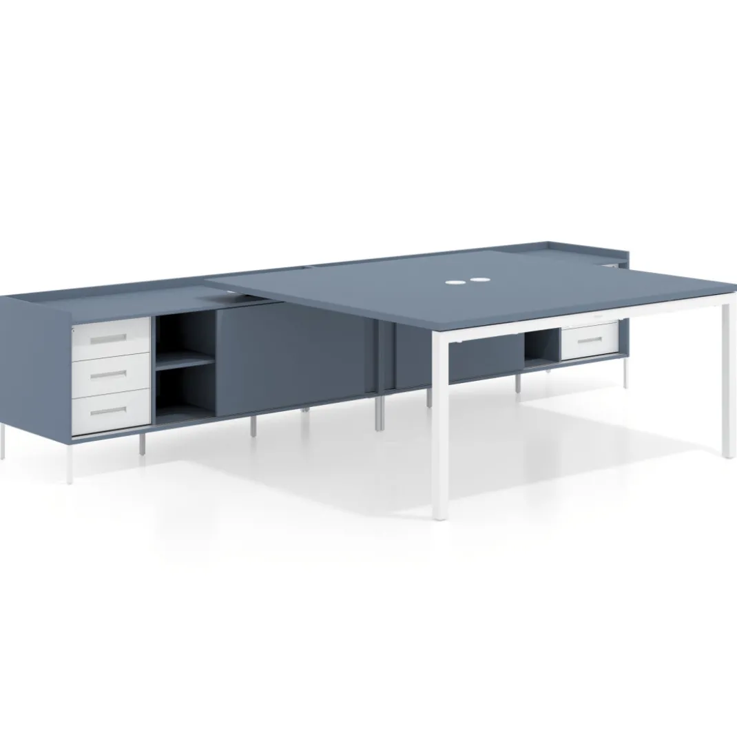 Mesa de oficina doble con pedestal cajonera Kube, encimera única, estructura blanca